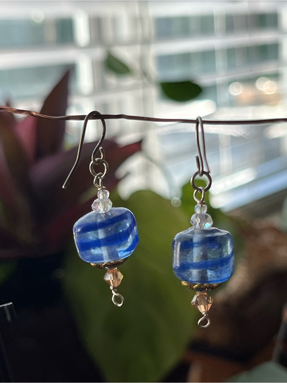 Hand Crafted Blue Striped Glass Bead Dangle Earrings